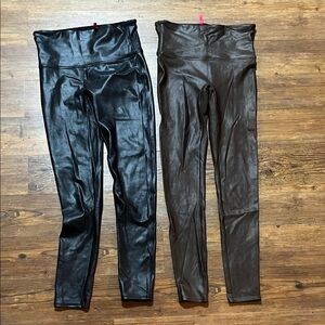 SPANX Shiny Black and Brown Faux Leather Leggings lot of 2 size large